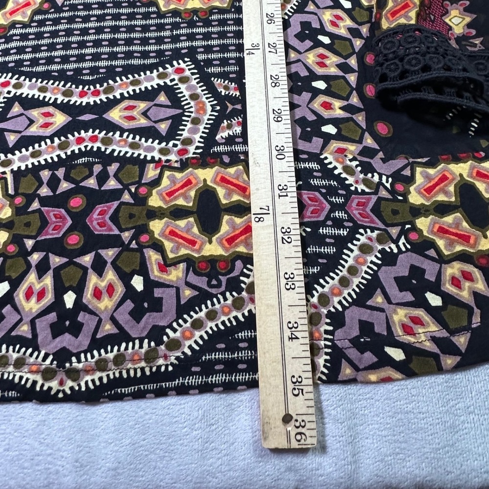 Patrons of Peace Boho Bell Sleeve Geometric Print Mini Dress Small Crochet Trim - Picture 3 of 7